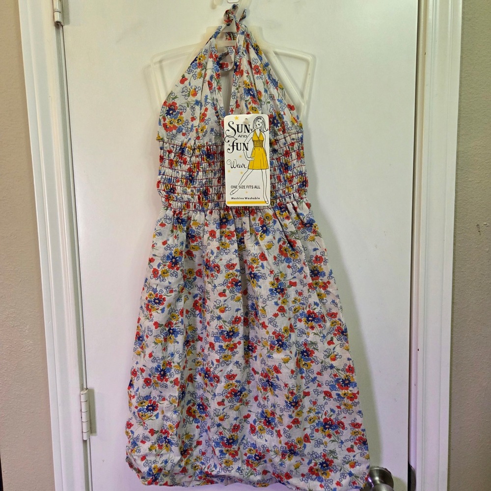 Vintage Sun and Fun Wear Kids Floral Halter Dress Smocked One Size Fits All